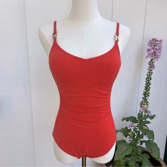 Michael Kors Orange Solids Logo Gold Chain One-Piece Swimsuit Women’s Size 6 - Picture 1 of 12
